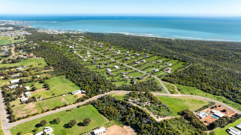 Hidden Valley from the air, with the reserve and coastline beyond
